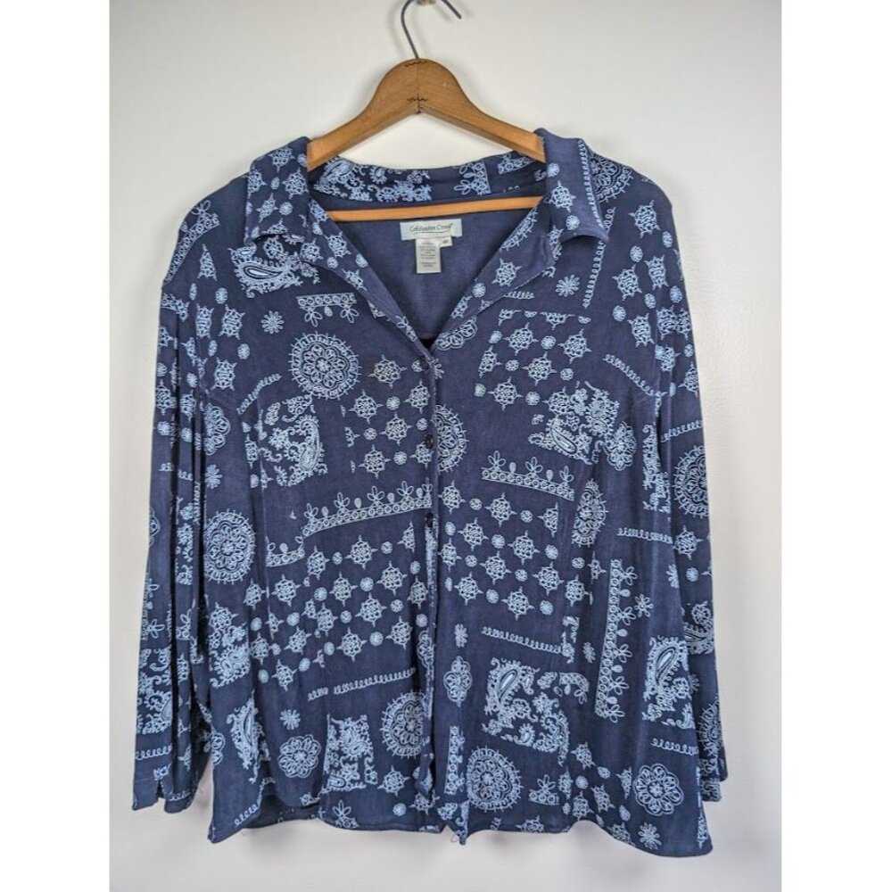 BOHO Navy Blue Patterned Button-Front Blouse - Picture 1 of 7